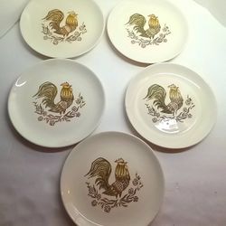 Taylor Smith & Taylor (TS&T) Rooster Bread & Butter Plate Set 5 Colorful 1960's