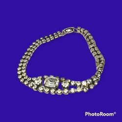 Silver Tone Two Row Crystal Rhinestone Bracelet 