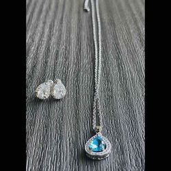 Brand New Blue Gemstone Necklace And Teardrop - Shaped Stud Earrings / White Gold Plated