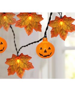 New 13.6Ft Fall Decor Maples Leaf Pumpkin String Lights, Hanging Outdoor Thanksgiving Decorations Lights with 25 Maple Leaves Light and 10 Pumpkin Lig