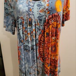 Women's Longyuan short-sleeve empire waist tunic t-shirt with a blue, orange, and red mandala pattern Size XL