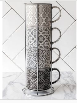 Gray stacking mugs set with rack coffee cups