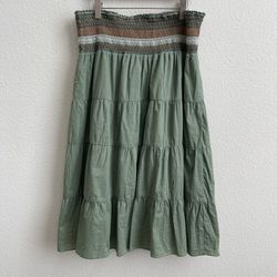 NO BOUNDARIES Green Stitchwork Smocked Waistband Cottagecore Flowy Midi Skirt