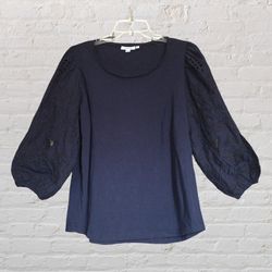 'Chico's' dark navy blue shirt with balloon sleeves, intricate embroidery, Sz. L (2)