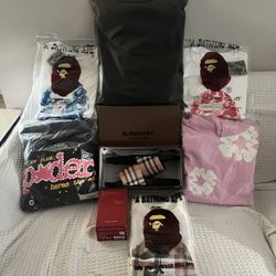 3 baps shirts and Burberry slides and large black essential hoodie and and baccarat rough 540