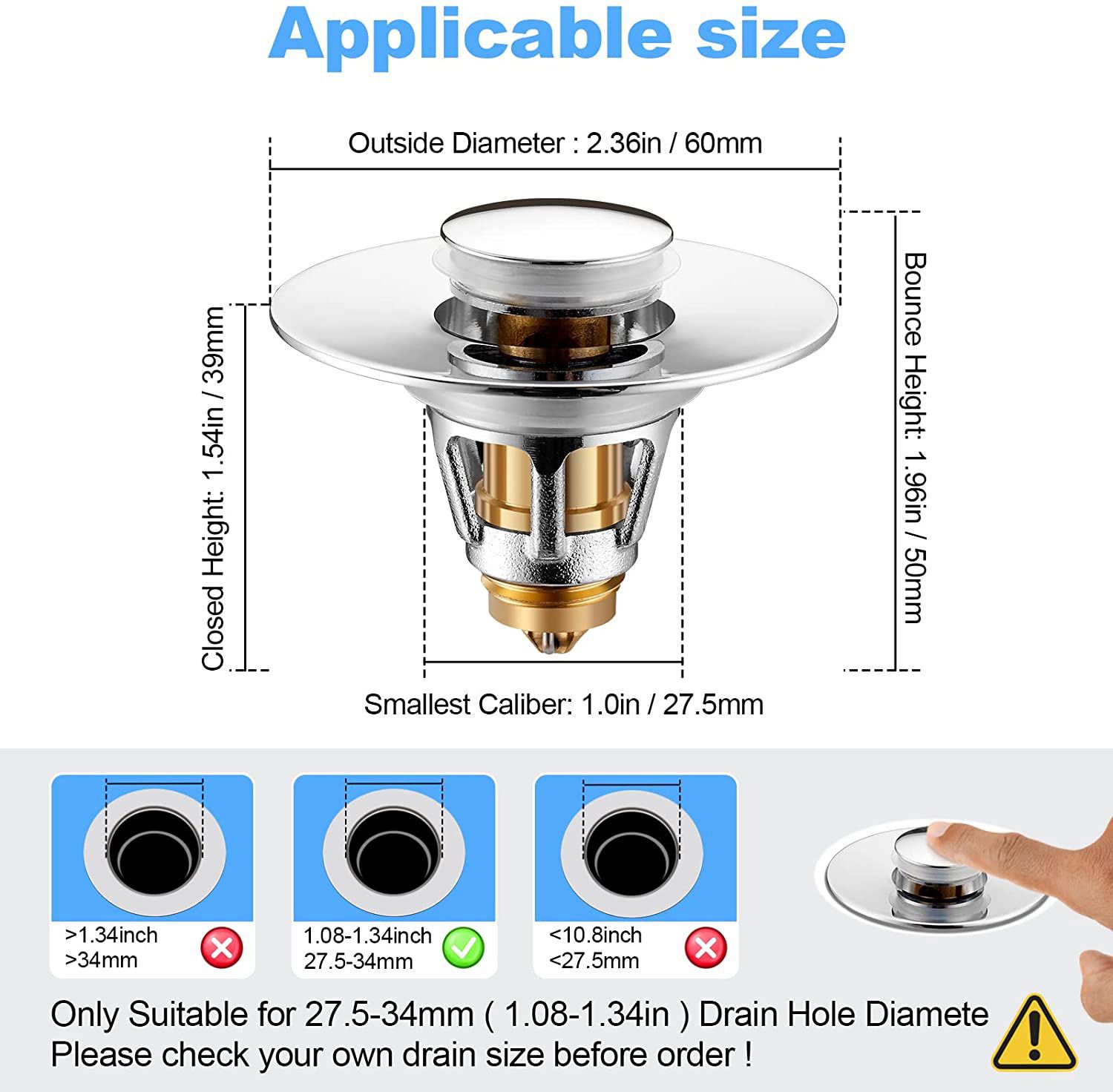 Bathroom Sink Stopper, Pop-Up Drain Filter, for 1.08-1.34 in U.S. Standard Drain Holes, Anti Clogging Sink Strainer with Basket, Bounce Bullet Core Ty