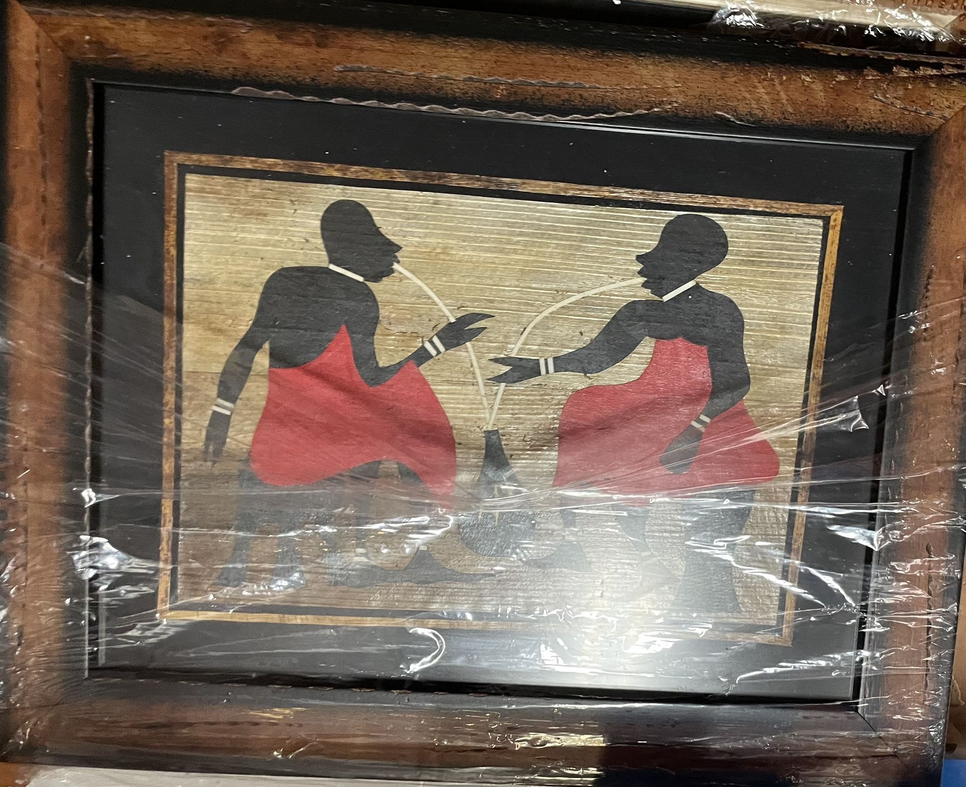 4- Framed African art made from natural banana leaf fiber collage.