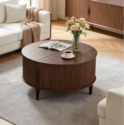 31.5" Round Coffee Table with Storage, Mid Century Modern Coffee Tables with Fluted Base, Wooden Circle Accent Center Table for Living Room Small Spac