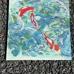 24x24 Hand Painted Original al Canvas Wall Art - Created With Acrylic Paint - Serene Japanese Koi Fish Water -  Teal, Mint Green, Deep Orange 