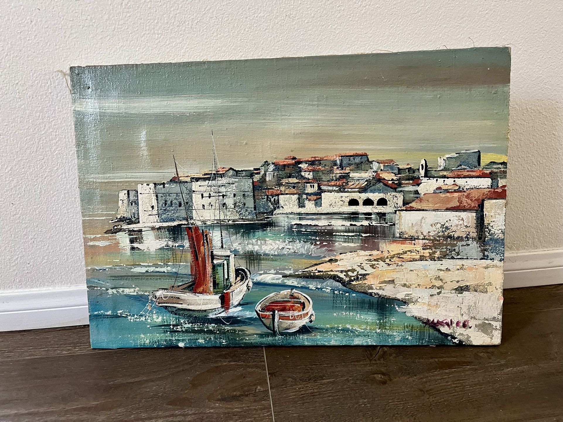 Vintage Mediterranean Harbor Painting on Canvas 16/24 Inch