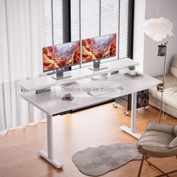 Electric Standing Desk with Monitor Shelf, 55 x 24 Inches Height Adjustable Corner Table, Computer Workstation with Cup Holder and Hook for Home Offic