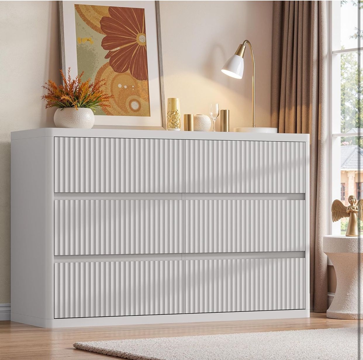 Y-White 6 Drawers Double Dresser, Fluted Dresser for Bedroom, Modern Chest of Drawers with Handleless, Curved Profile Dressers TV Stand, Wood Storage