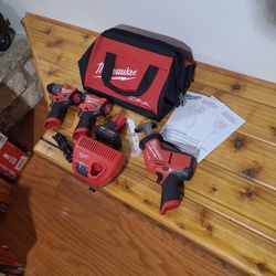 Milwaukee M12 'Fuel' Hackzall, 1/2" Hammer Drill, 1/4" Hex Impact Driver, Battery, Charger Kit