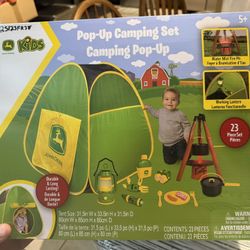 John Deere Pop-Up Camping Tent, 18 Piece Set Includes Canteen, Plates, Utensils, Play Food, Pots, Binoculars, Lantern, and Flashlight, Indoor and Outd