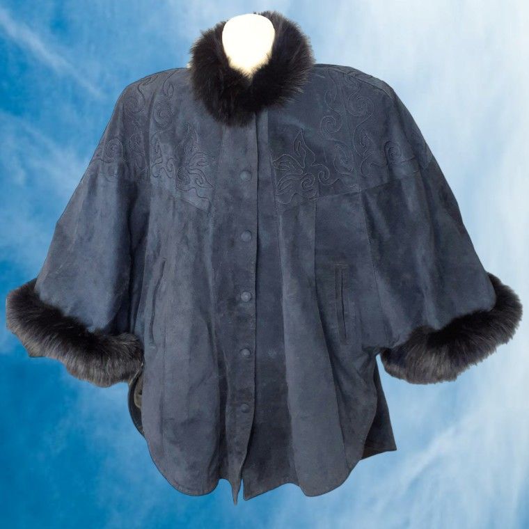 Vintage VITA PARIS Navy Blue Black Suede Leather Convertible Cape Poncho Fox Fur