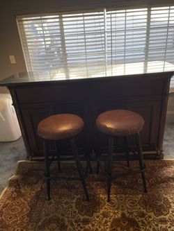 Wood bar With Black marble and 2 Stools. 69 Inches Long with 42 Inches Height, 24 Inches Wide.