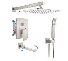 gotonovo Tub Shower Faucet Set with Valve Kit 10’’ Head,Brushed Nickel Shower System with Tub Spout,SUS304 Rain Head with Handheld Sprayer,Swivel Spou