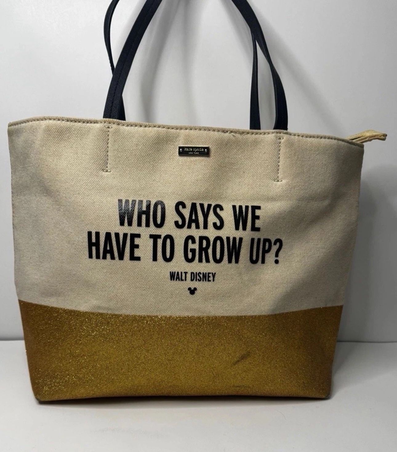 Kate Spade Disney canvas tote bag beige gold XL "Who Says We Have To Grow Up"