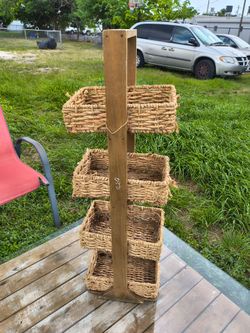 rustic 4-tier wooden and woven water hyacinth basket floor stand