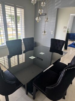 Modern Black Glass Dining Table Set – 6 Chairs