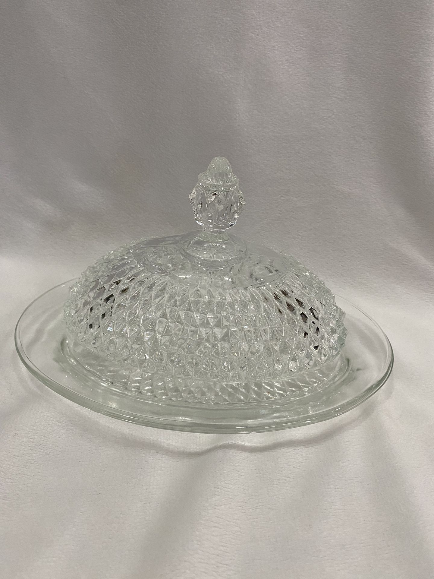 Vintage Diamond Point Glass Oval Butter Dish