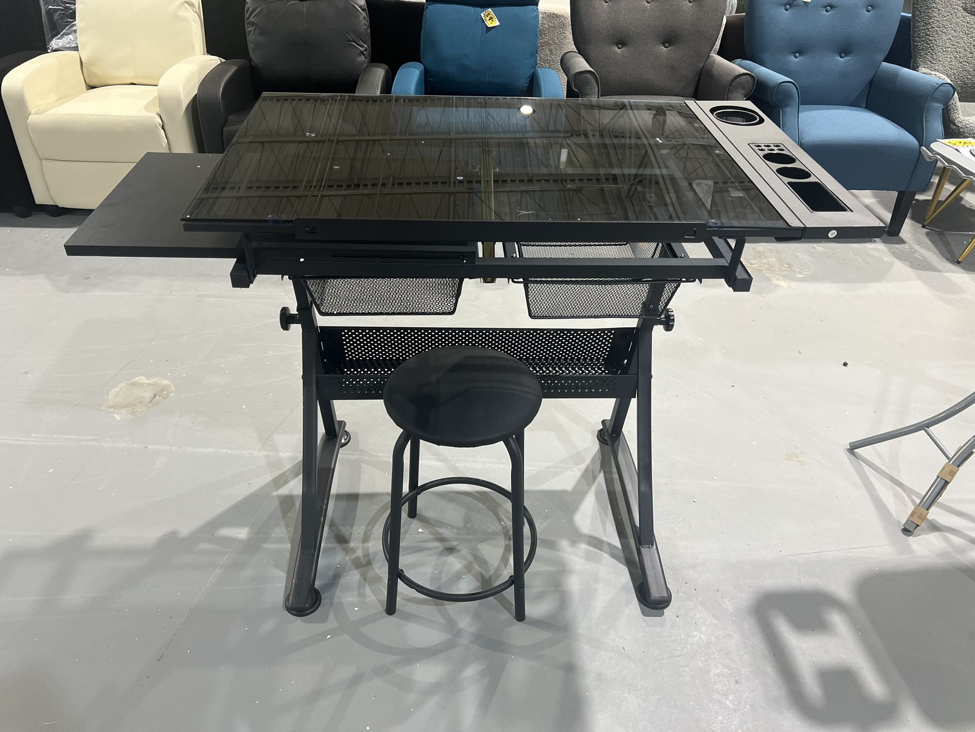 New Drafting Table w/Stool Height Adjustable Multifunctional Art Craft Artists Desk Tilting Glass Tabletop Diamond Paintings Work Station w/2 Storage 