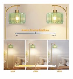 Modern Gold Arc Floor Lamp with Green Ribbed Glass Shade and Smart Remote