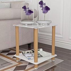 1 Pcs White+Oak Side Table, 2 Tier Space End Table,Modern Night Stand, Sofa Table, Side Table with Storage Shelve