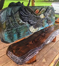 Chainsaw Carved Log Eagle Bench