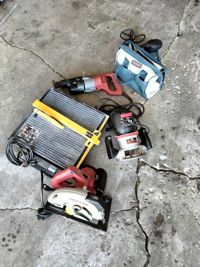 Power Tool Lot Router Sawzall Tile Cutter Arm Saw With Laser, Bosch Detail Sander 