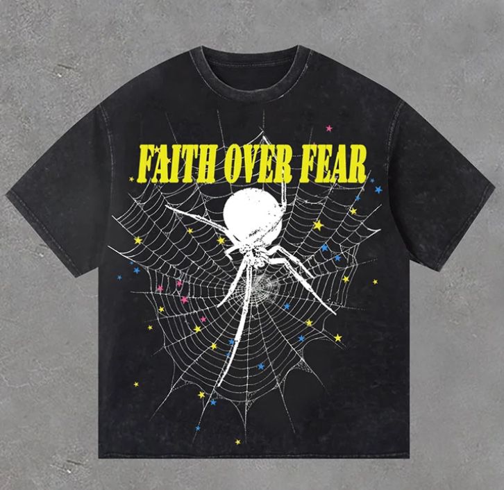Retro Faith Over Fear Print Spider Graphics Acid Washed T-Shirt 