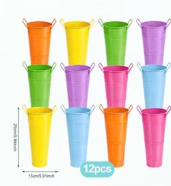 12 pack Galvanized buckets- 10 inch tall. party centerpiece, decorative ( 6 bright colors)