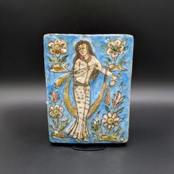 C. 1800s Persian Polychrome Ceramic Tile: Qajar Period