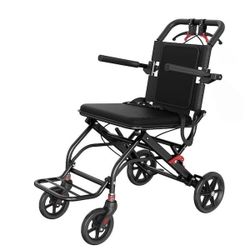 Black Lightweight Foldable Transport Wheelchair, Easy-Fold Design and Secure Locking Brakes Transfer Wheelchairs