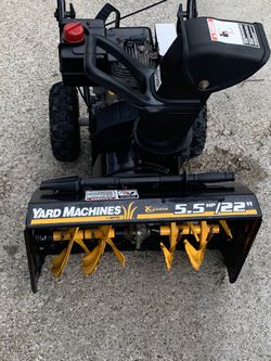 Yard machine 5.5 22 inch Snow blower excellent condition $250.00 Cash only no trades. The snowblower has been shed Kept. Has two brand new tires. Abs