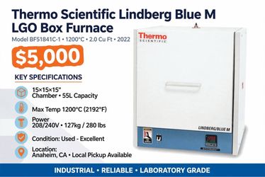 FOR SALE - $5,000 Thermo Scientific Lindberg / Blue M LGO Box Furnace - BF51841C-1 - 1200°C - 2.0 Cu Ft - 2022