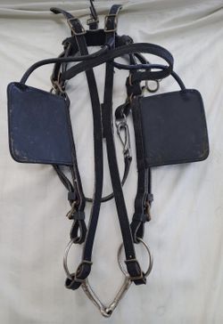 Black Pleather Horse Driving Bridle with Blinders, Brass Medallions and Bit