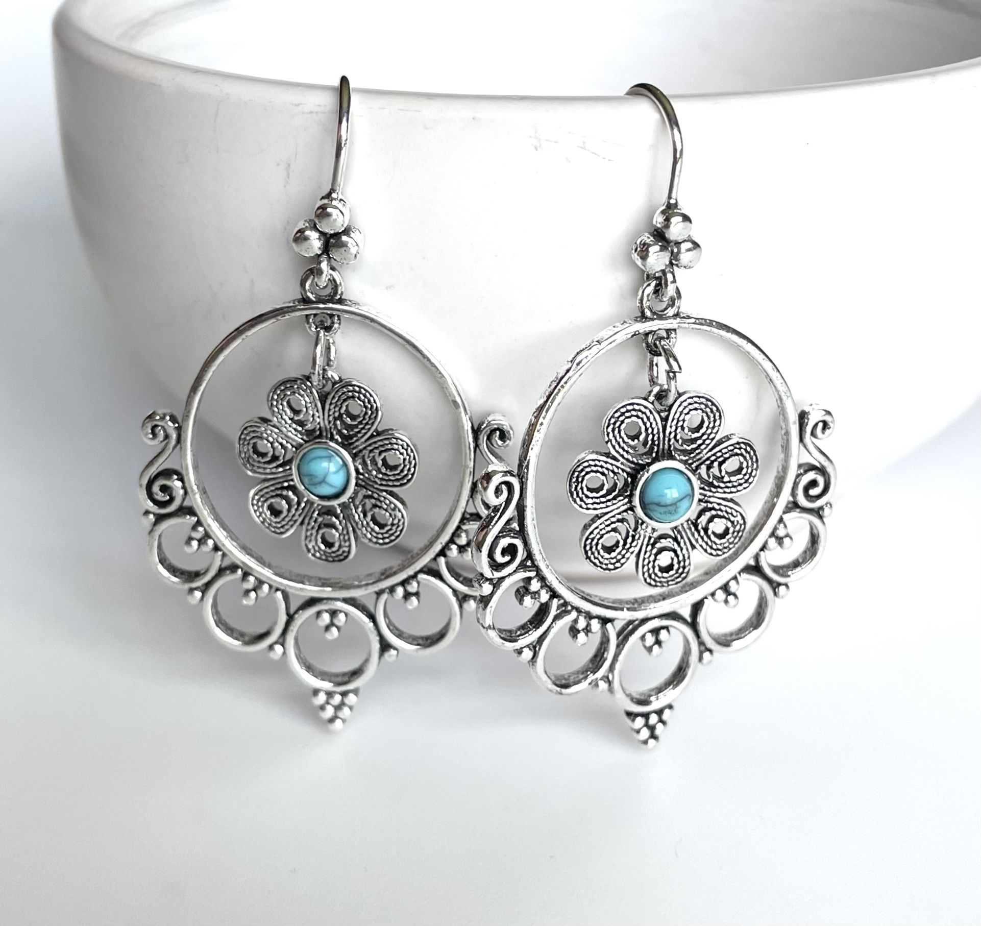 Silver turquoise earrings dangle circle chandelier flower daisy bohemian