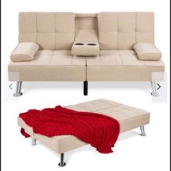 Linen Upholstered Convertible Sofa Bed Futon w/ 2 Cupholders