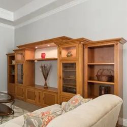 TV hutch wall unit 12 feet wide 7 feet tall 18 inches deep with cabinet lighting, adjustable shelves, entertainment storage speaker doors 