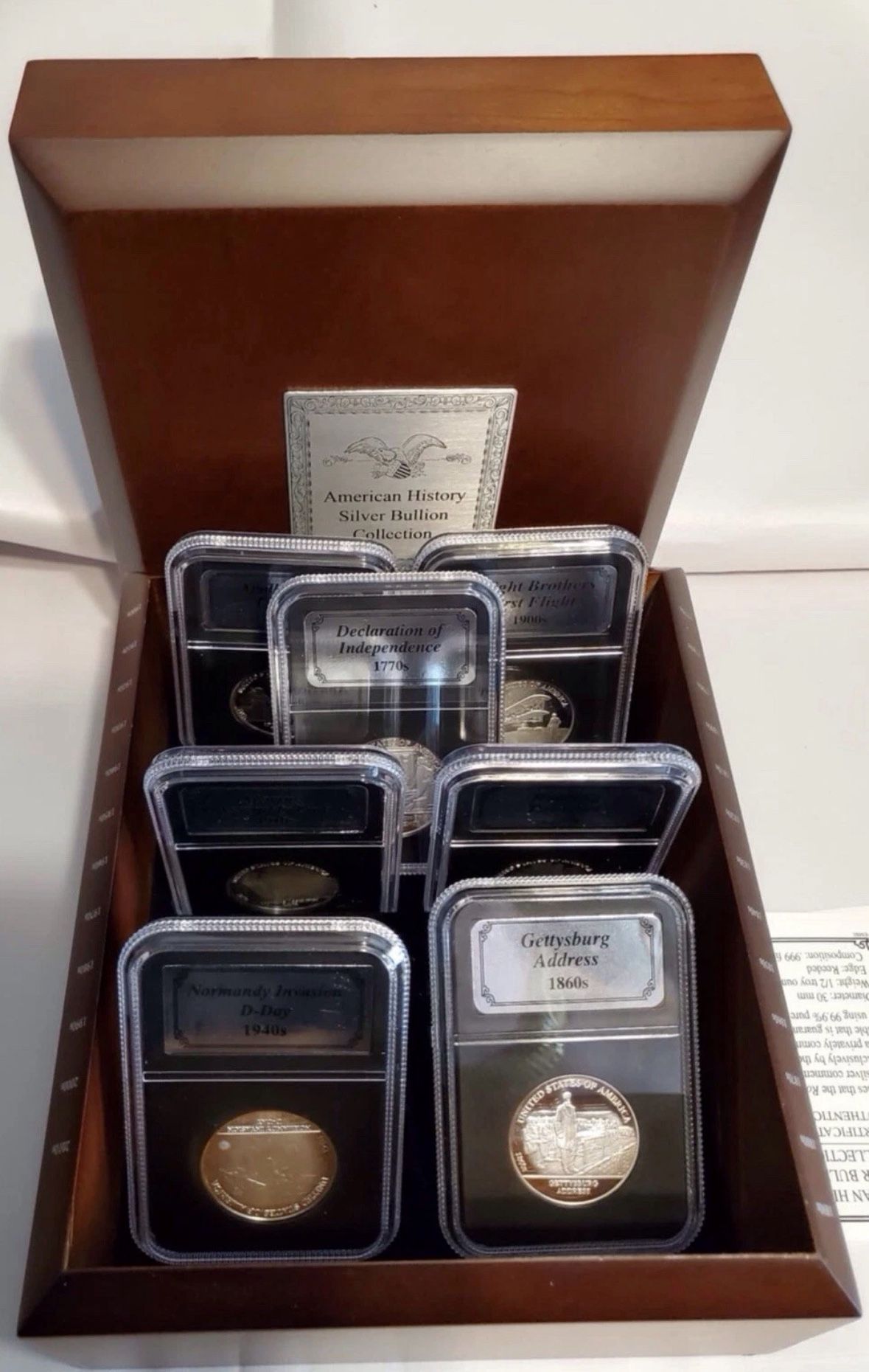 AMERICAN HISTORY 3.5 Troy oz.999 SILVER BULLION COLLECTION WITH DISPLAY CASE and COA