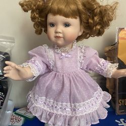 Barbara Madeja Childhood Nostalgia Doll Lavender Ruffle Dress Trim Blue Eye curl