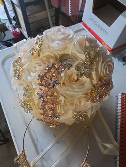 Gold  Quinceañera bouquet with crown