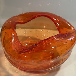 Vintage MCM Controlled Bubble Art Glass Bowl Ashtray Dish Orange 