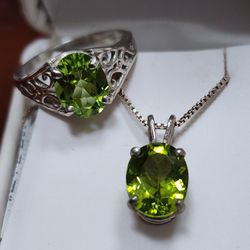 Peridot Necklace and Ring In Sterling Silver 