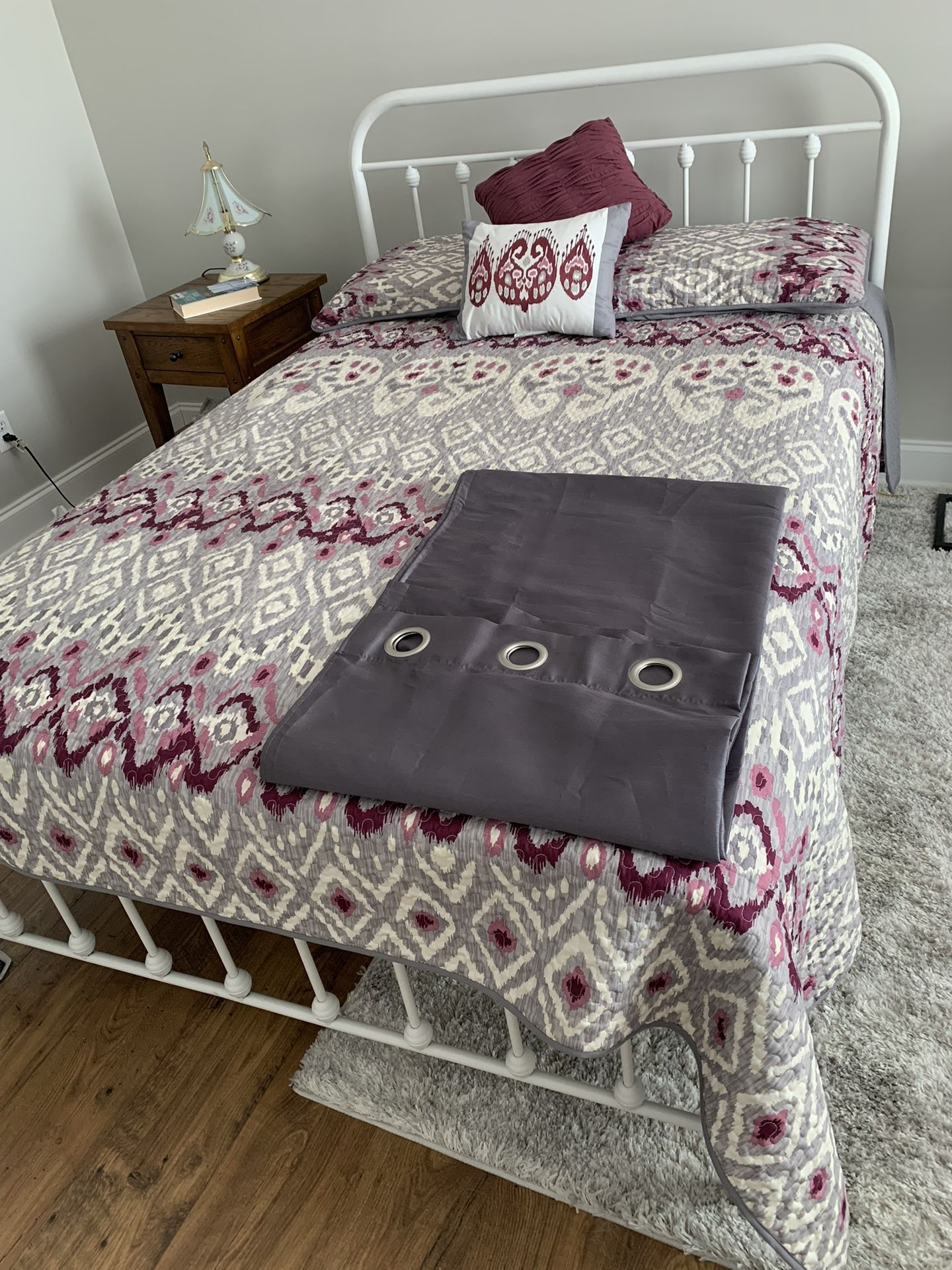 Full Platform Bed Frame , Mattress, Reversible Bedspread, Shans, Decorative Pillows Curtains