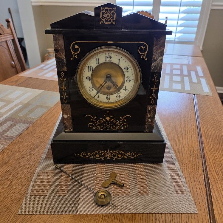 Antique Black Marble Inlayed Mantle Clock