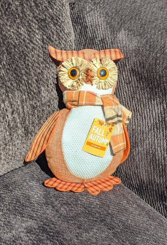 8.5" Plush Owl W/orange Buffalo Plaid Scarf Fall Autumn Holiday