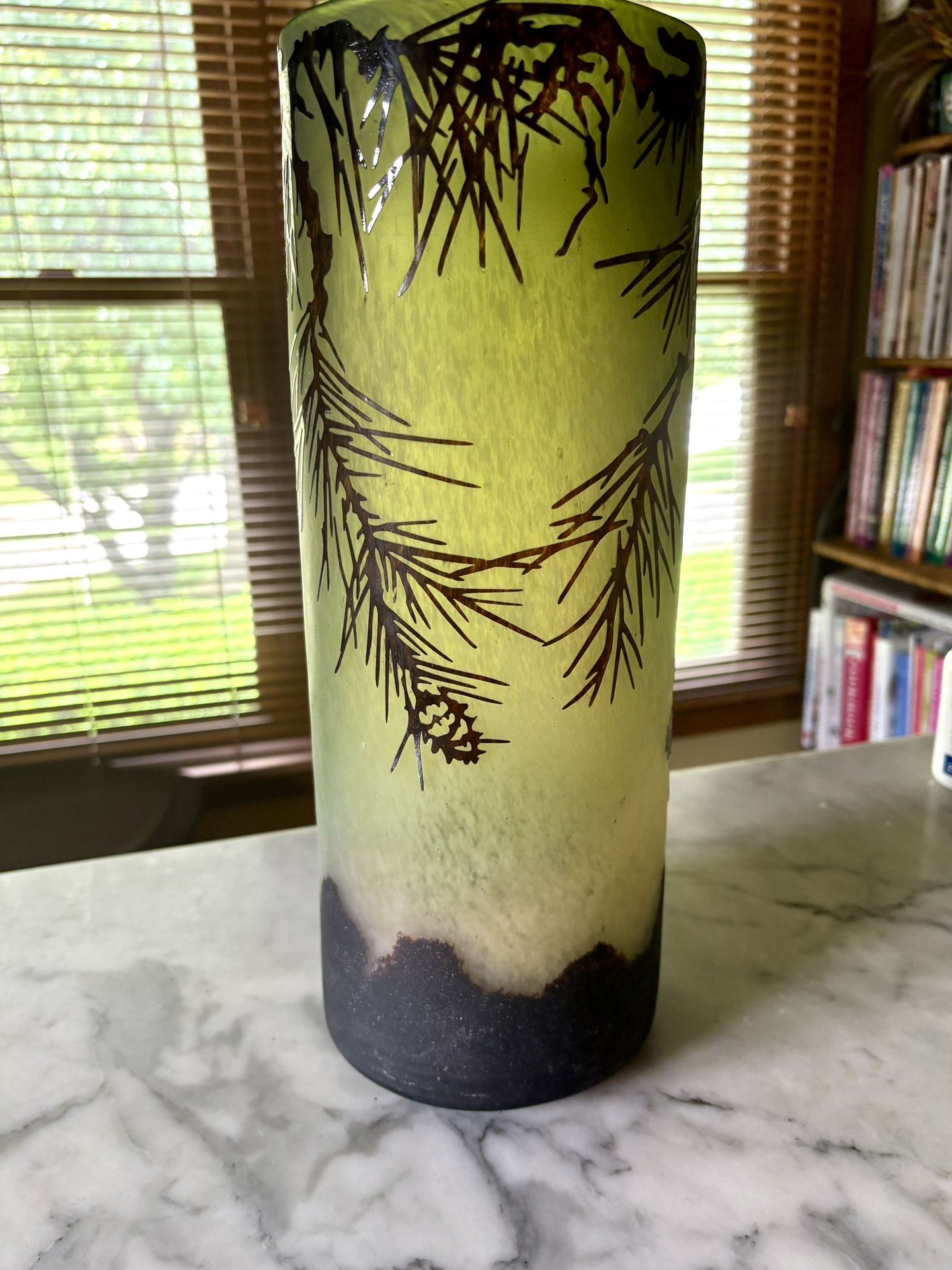 Antique Art Nouveau Acid Cut Cameo Art Glass Pine Branch Design Pillar Vase 14.5”
