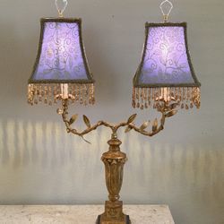 Antique Louis XIV style Gold Double Arm Table Lamp with Purple Beaded Shades